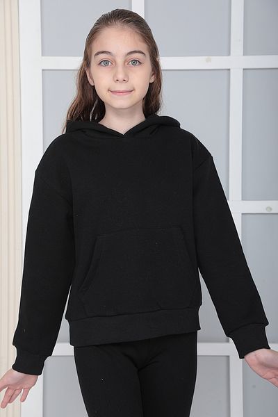 Giyimod Girl's Black Unprinted Hooded 3 Thread Raised Fleece Comfortable Cut Sweatshirt S302syh