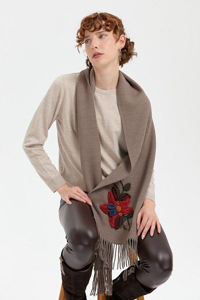 Desen Triko Tricotat pentru femei de culoarea nurcii, cu model de flori, cu ciucuri
