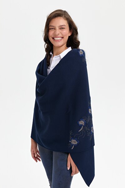 Desen Triko Navy Blue Single Side Flower Embroidered Women's Shawl