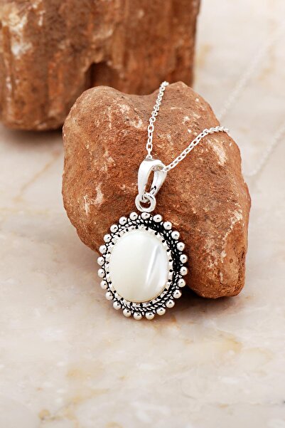 Sümer Telkari Sedef Taşlı Telkari Elişi Oval Gümüş Kolye 8034