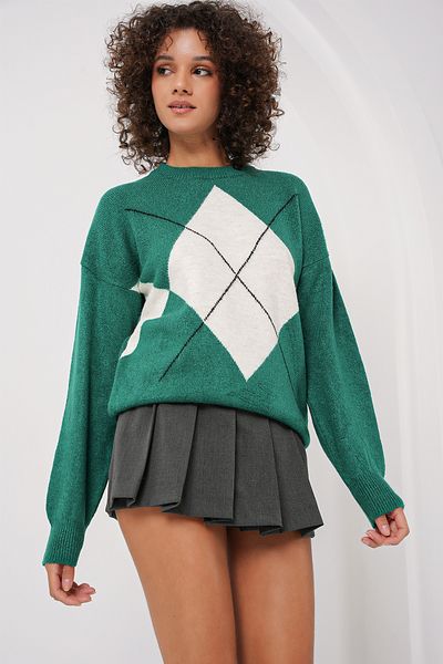 Bigdart 15895 Oversize-Strickpullover mit Rautenmuster – Smaragdgrün