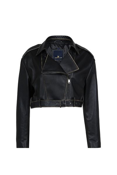 Dericlub Lenora Women's Genuine Leather Black/white Cropcut Biker Coat