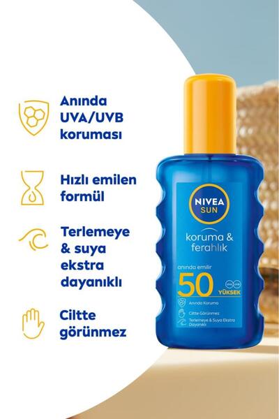 NIVEA SUN SPF50 Koruma ve Ferahlık Güneş Spreyi 200 ml, Terlemeye Ve Suya Dayanıklı,Transparan