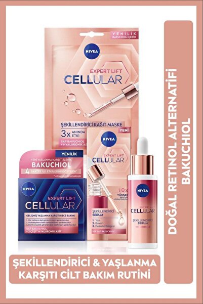 NIVEA Cellular Doğal Retinol Alternatifi Bakuchiol Serum 30ml, Gece Bakım Kremi 50ml ve Kağıt Yüz Maskesi