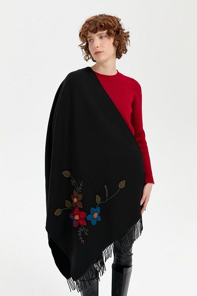 Desen Triko Μαύρες φούντες Floral κεντημένο γυναικείο σάλι