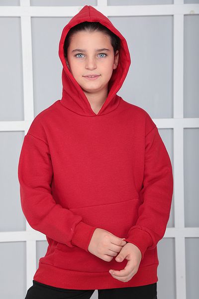 Giyimod Boy's Red Hooded 3 Thread Raised Fleece Relaxed Fit Sweatshirt S402KRM