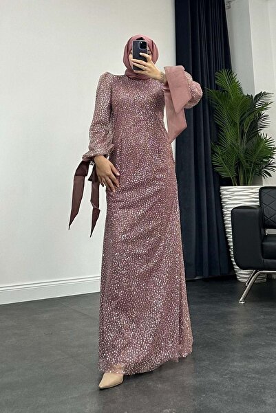 Tane 24Y4511 ABİYE ELBİSE SİMLİ KOLLARI KURDELE DETAYLI GÜL KURUSU