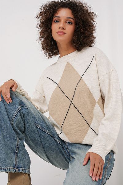 Bigdart 15895 Pulover de tricotaj oversize cu model diamantat - Ecru