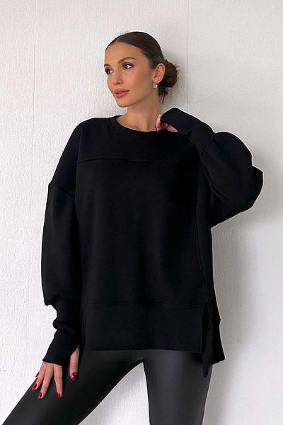 Mine Tan Butik Women's 3-Thread Finger Detailed Sweatshirt with Raised Inside - Black
