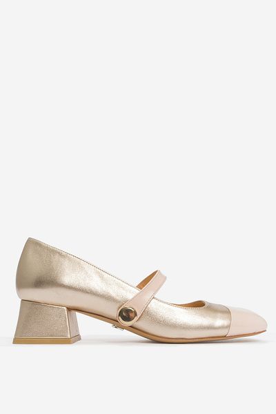 Dericlub Pantofi de damă cu toc gros cu vârf pătrat - piele naturală SY 27381 POWDER/GOLD