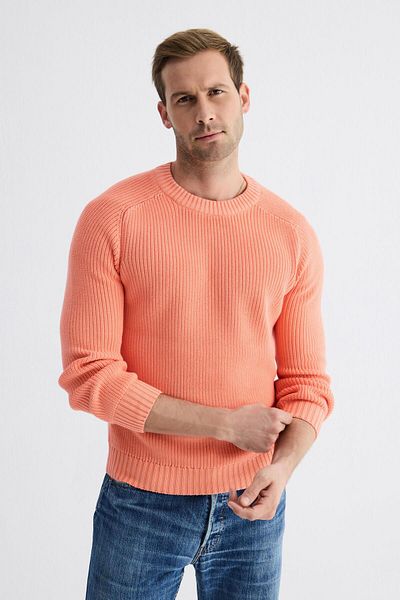 odelon Men's Salmon Colored Crew Neck Thessaloniki Knitted Cotton Knitwear Sweater