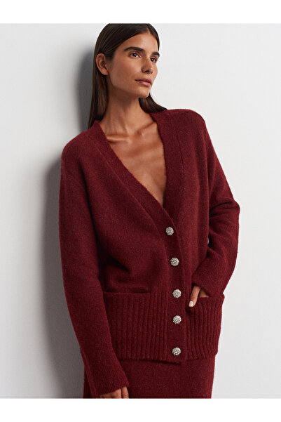 Dilvin 60269 Decolteu în V Buzunar cu nasturi din piatră Tricoturi cu textura...