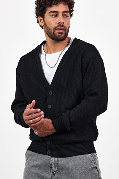 MADZEYMODA New Season Men's Buttoned Black Knitwear Cardigan with Pockets Mz89918