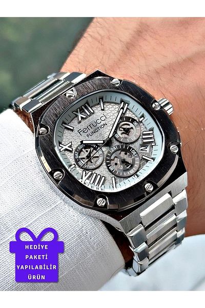 Ferrucci Silver Color Steel Band Men's Wrist Watch with Stylish Design Calendar (2 Years Warranty, Waterproof)