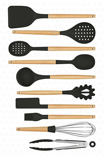 valletta Matis Heat Resistant Silicone Fireproof Non-Stick 11-Piece Serving Set with Stand Black