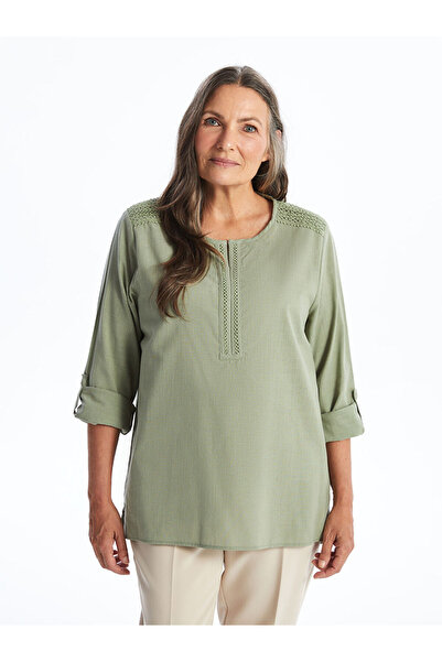 LC Waikiki Green Shrug Collar Lace Detailed Long Sleeve Women's Blouse