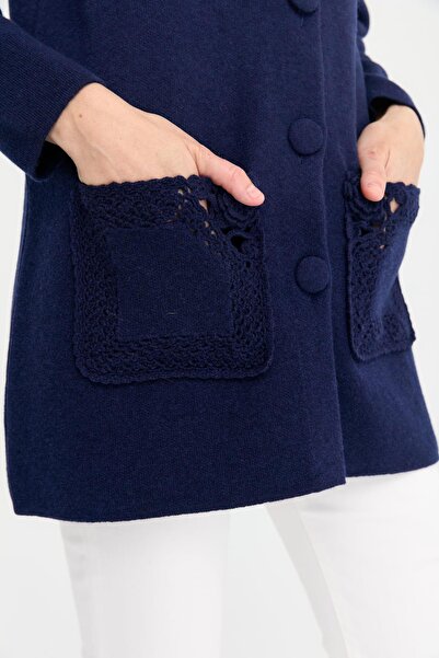 Desen Triko Navy Blue Stand Collar Women's Wool Cardigan - Araboy