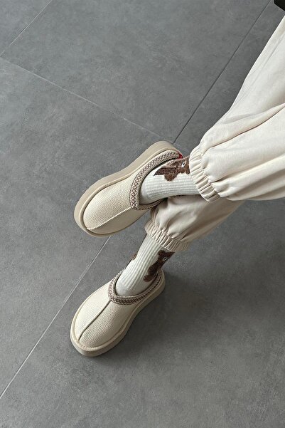 STRASWANS Γυναικείες δερμάτινες παντόφλες σπιτιού Beige Belis - Flat Sole