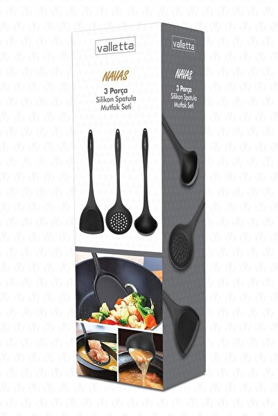 valletta Navas Heat Resistant Fireproof Non-Stick 3 Piece Silicone Serving Cooking Set Black