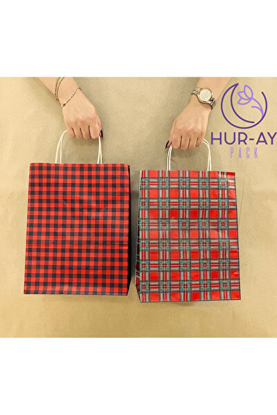 HUR-AY PACK Özel Üretim - Kırmızı Hediyelik Kağıt / Karton Çanta / 25x31 Cm/ Ekose Desenli / 6 Adet