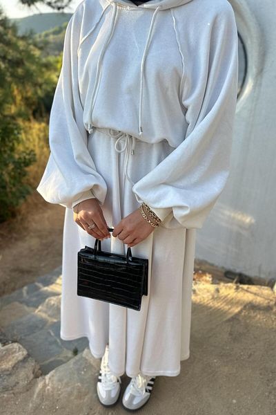 QUQA Ecru Hooded Skirt Suit