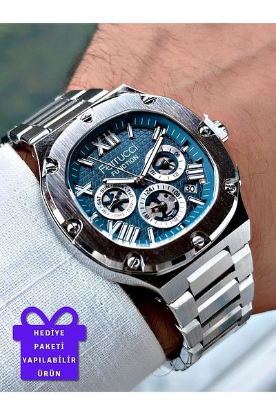 Ferrucci Silver Color Steel Band Men's Wrist Watch with Calendar (2 Years Warranty, Waterproof)