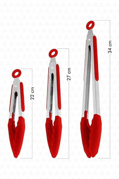 valletta Midori Metal Handle Silicone Tip Locking System Smart 3-Piece Tongs Set Red
