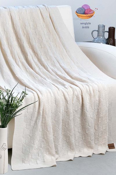 DALİSA Cups Labyrinth Pattern Knitwear Knitted Sofa Shawl White - 130x170