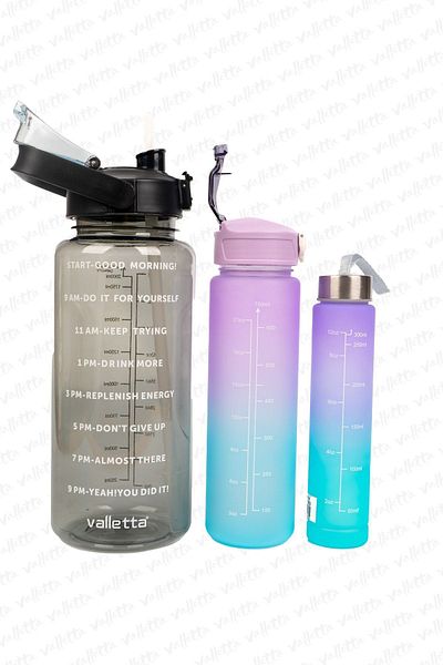 valletta Figo Set of 3 BPA Free Motivational Water Bottle 2.000ML-750M-300MLBlack Water Bottle