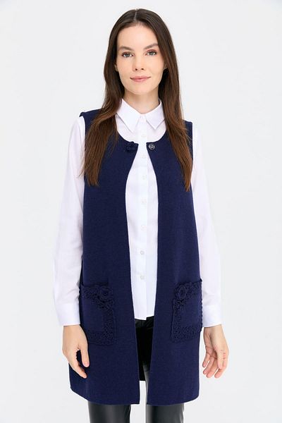 Desen Triko Women's Crew Neck Open Front Long Wool Vest Y.A Navy Blue