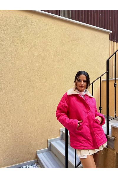 comstar Jachetă de damă cu guler de blană cu model Argyle matlasat fucsia