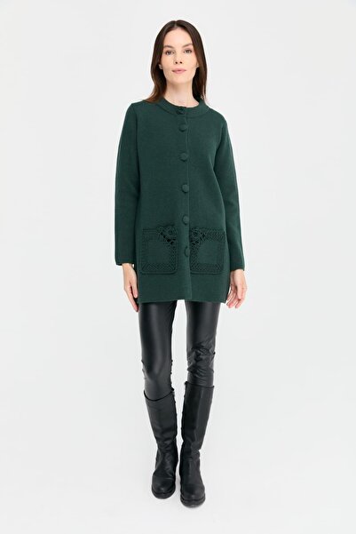 Desen Triko Green Women's Wool Cardigan - Stand Collar Araboy