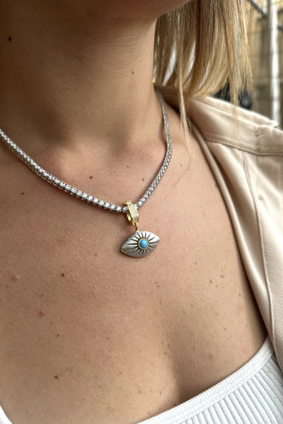 SUNSHINE 925 Ayar 3mm Su Yolu , Ortası Mineli Nazar,Göz Charm Gümüş Kolye,