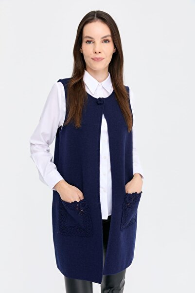 Desen Triko Жіночий довгий вовняний жилет з відкритим передом і коміром Y.A темно-синій