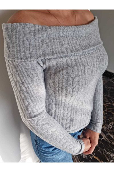 Alegante Women's Madonna Collar Gray Knitted Patterned Camisole Sweater