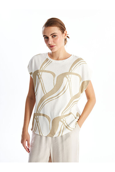 LC Waikiki Beige Crew Neck Patterned Textured Women's Blouse