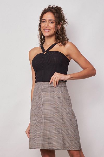 Jument Țesătură cu model Lycra pentru femei, carouri, talie înaltă, până la genunchi, fustă clopot-linie muștar