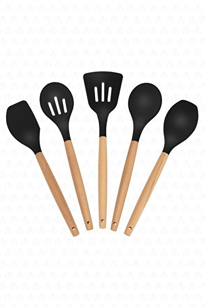 valletta Lingo Black Silicone Kitchen Cooking Utensils - Set of 5 Bamboo Handles