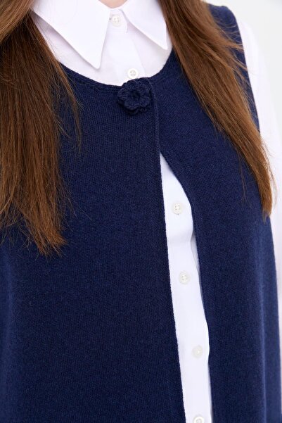 Desen Triko Жіночий довгий вовняний жилет з відкритим передом і коміром Y.A темно-синій