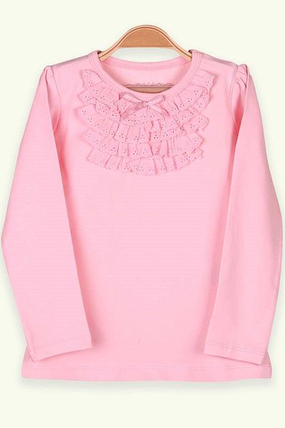Breeze 6-8 Years Old Baby Girl T-Shirt - Long Sleeve, Laced Bow, Powder
