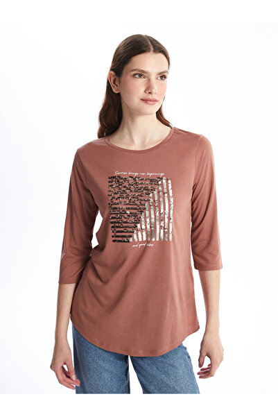 LC Waikiki LCWAIKIKI Basic Açık Kahverengi Bisiklet Yaka Pul İşlemeli Kadın Bluz