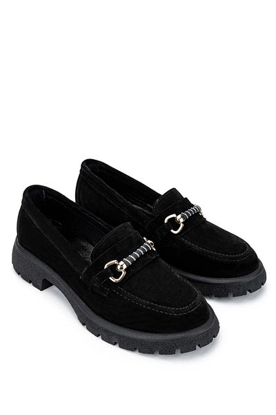Tamer Tanca Women's Genuine Leather Black Suede Loafer Shoes