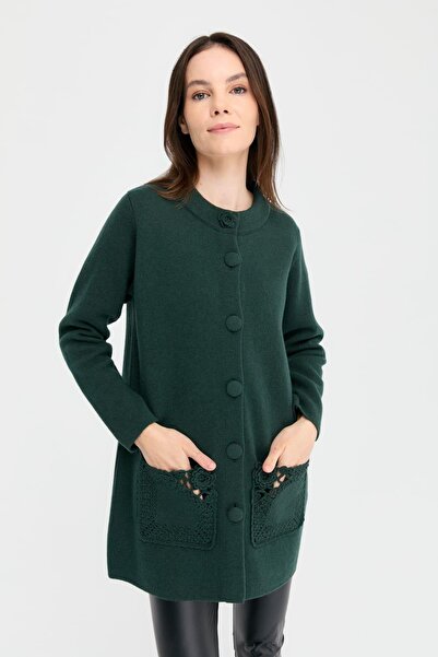 Desen Triko Green Women's Wool Cardigan - Stand Collar Araboy