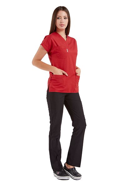 Alsancak Üniforma Red/Black Lycra Thin Fabric Scrubs Doctor Nurse Jersey Bat Sleeve Surgical Suit
