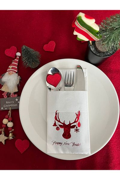 kidspartim Red and White Pocketed Air Touch New Year's Deer Model Napkin 12 Pieces 40X40
