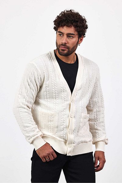 MADZEYMODA Ανδρικές πλεκτές τσέπες με κουμπιά πλεκτή ζακέτα εκρού Mz89916