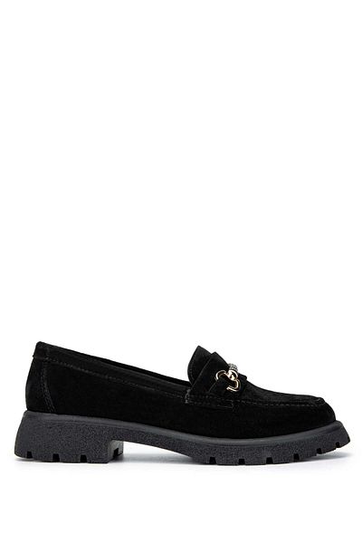 Tamer Tanca Women's Genuine Leather Black Suede Loafer Shoes