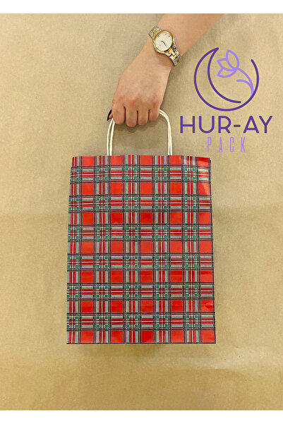 HUR-AY PACK Özel Üretim - Kırmızı Hediyelik Kağıt / Karton Çanta / 25x31 Cm/ Ekose Desenli / 6 Adet