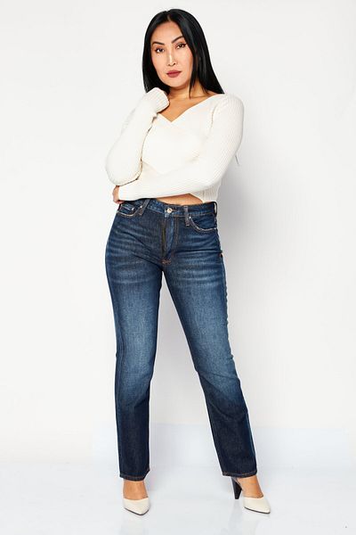 Guess Women Straight Fit High Waist Washed Non-stretchable Denim, Dark Blue