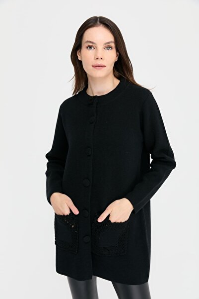 Desen Triko Women's Stand Collar Araboy Wool Cardigan Black